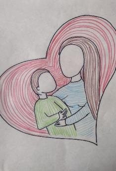 Dibujo de corazón con madre e hijo abrazados