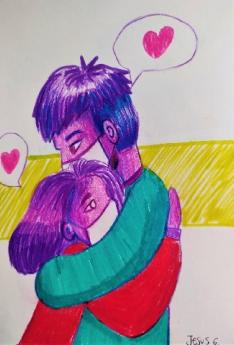 Dibujo a color pareja abrazandose