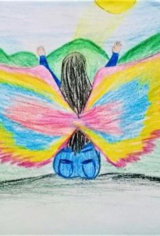 Dibujo a color mujer con alas de colores