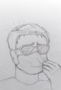 Dibujo a lápiz persona con gafas y tapabocas