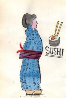 Dibujo a color persona y sushi