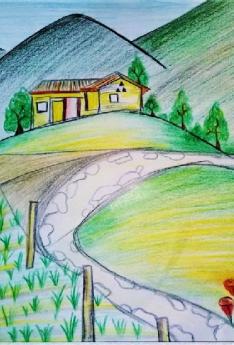 Dibujo a color paisaje montañas casa