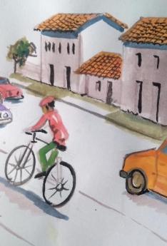 Dibujo a color calle carros y ciclas